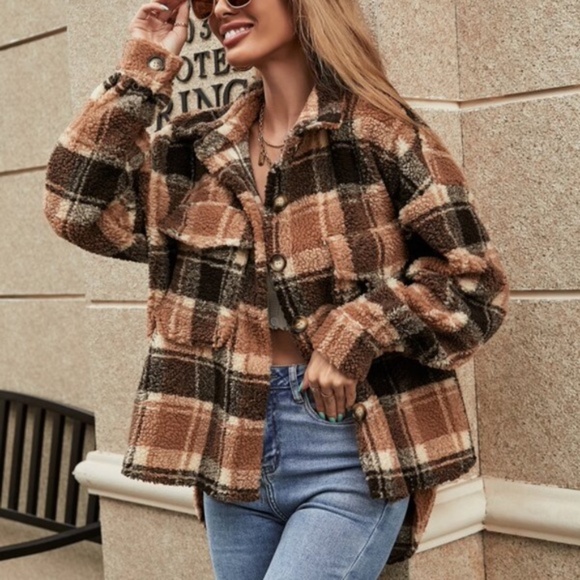Boho Brown Plaid Teddy Jacket Coat Comfy Oversized Pocket - Picture 3 of 3
